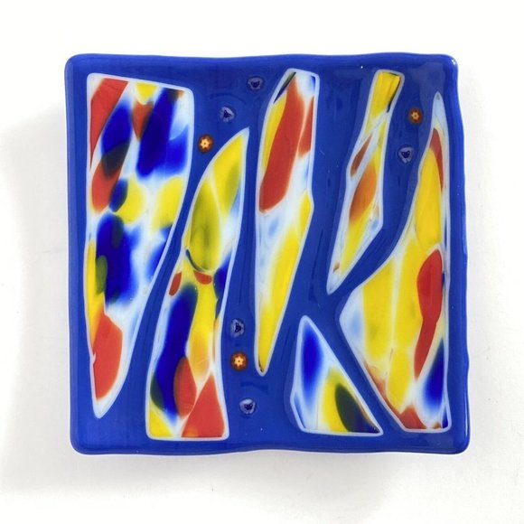 Handmade Fused Art Glass Trinket Tray Ring Dish Catch All Red Yellow Blue 6x6 - Picture 2 of 12